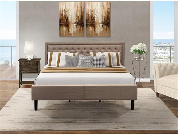 East West Furniture KD16K-1VL07 2 Piece Size Bedroom Set-1 King Bed Brown Linen Fabric Padded and Button Tufted Headboard with 1 Mid Century Distressed Jacobean Finish Nightstand