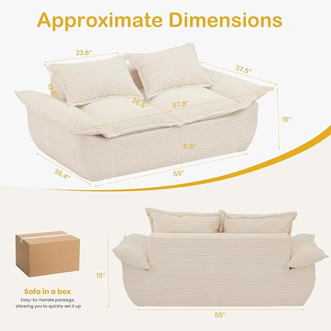 59" Boneless Loveseat Sofa, 2-Seater Beige Boneless Sofa with Removable Cushions & 2 Pillows, Small Couch Boneless Compress Foam Sofa for Living Room, Apartments, & Office