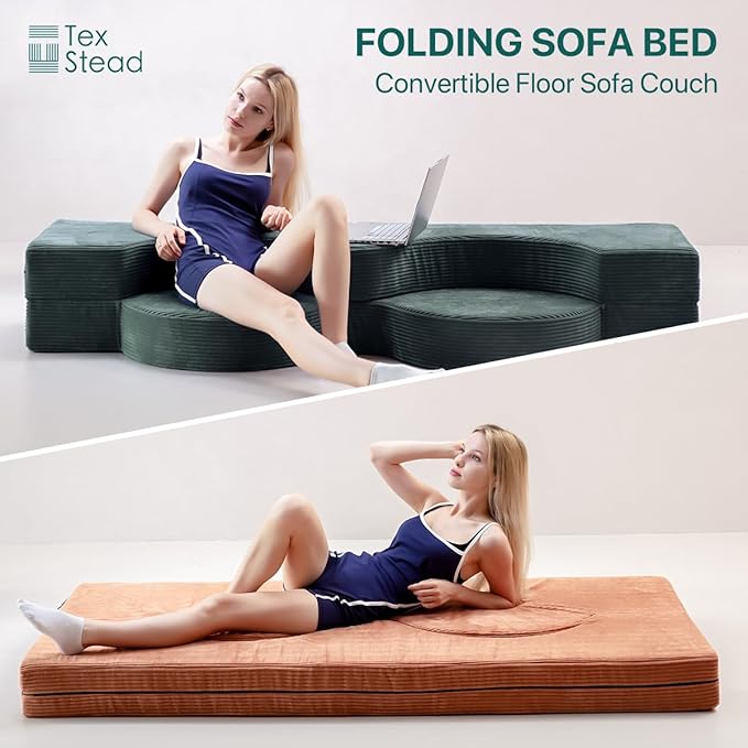 2-in-1 Folding Sofa Bed Floor Futon & Sleeping Mattress with Removable Washable Cover | Full Padded Fabric Adult-Sized Guest Bed for Bedroom, Living Room, Study, Apartment Green