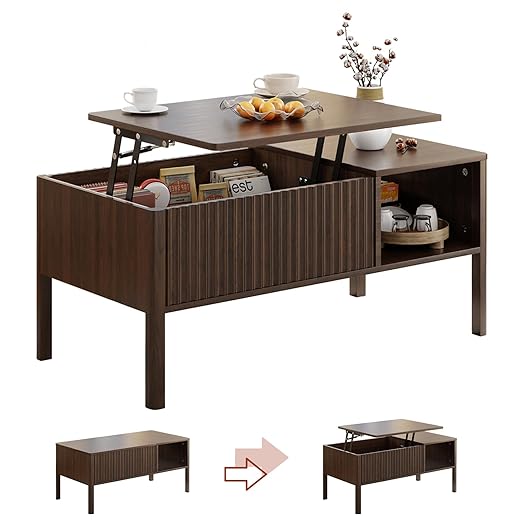 Fluted Lift Top Coffee Table with Hidden & Open Storage, Rectangle Modern Coffee Table for Living Room, Smooth Hydraulic Lift, Large Capacity, Safe Round Corners, Easy to Clean, Vertical Grain-Brown