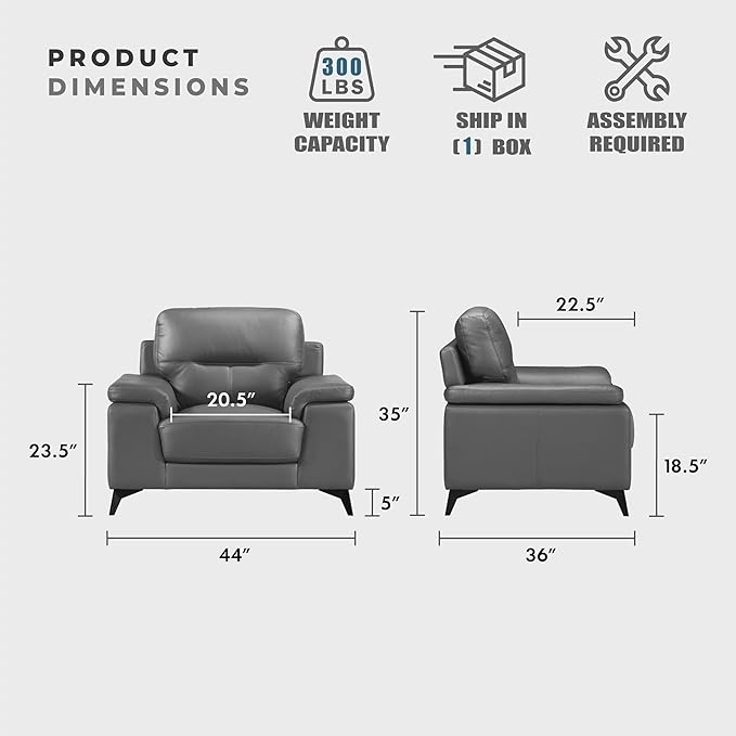 Lexicon Leather Chair, Oversized Chair, Top Grain Leather Lounge Chair, Modern Sofa Arm Chair for Living Room, Bedroom, Office, Apartment, Armchair, Dark Gray