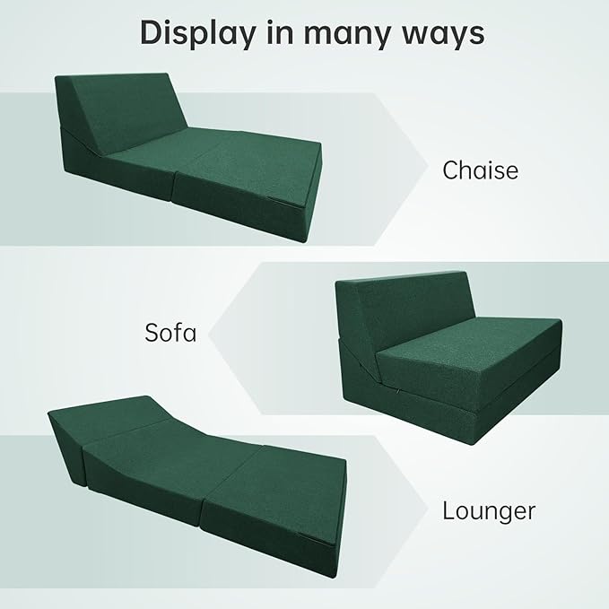 ANONER Convertible Chair Bed Sleeper with Memory Foam & Pillow Fold Out Chair Bed Couch Lounge Chaise for Living Room Bedroom Guest Room Home Office, Dark Green