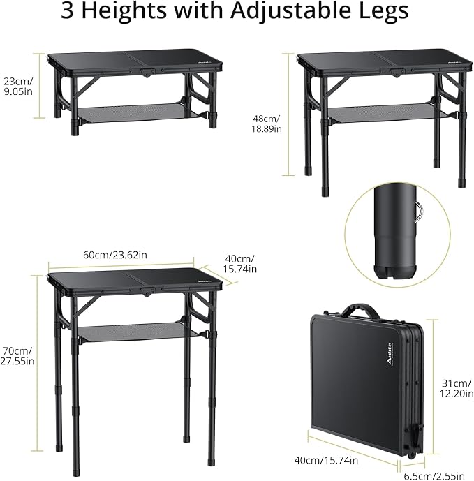 Anbte Folding Camping Table with Storage Net, Pure Black Aluminum 2ft Picnic Table 23.2" x 16" Outdoor Table Adjustable Height Max 27.5", Lightweight, Waterproof, Portable Handle for Travel Cooking - Image 3