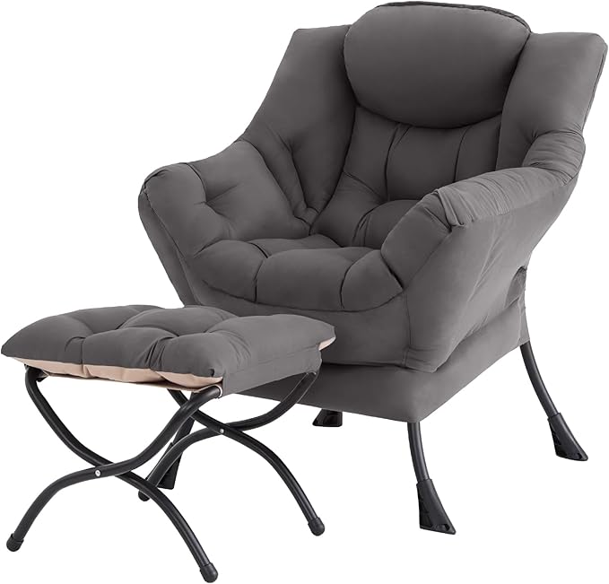 Tiita Lazy Chair with Ottoman, Modern Large Accent Lounge Chair, Leisure Sofa Armchair with Ottoman, Reading Chair with Footrest for Bedroom, Living Room, Dorm Rooms, Garden Dark Grey