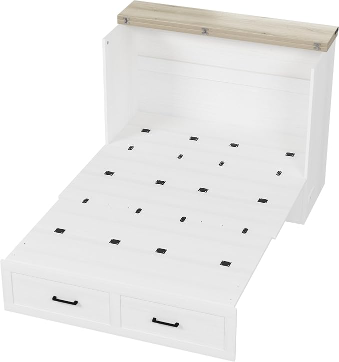 Bellemave Full Size Murphy Bed, Cabinet Bed with Charging Station and Storage, Farmhouse Murphy Cabinet with Foldable Panel, Noisy Free, for Guest Bedroom, Living Room, Office, White