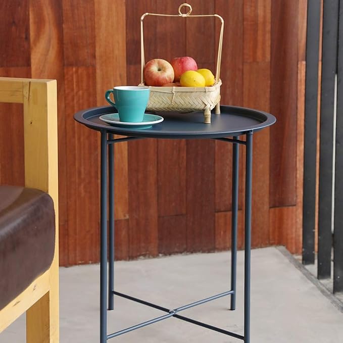 VECELO Side/End Table, Folding Round Metal Anti-Rust and Waterproof Outdoor or Indoor Tray for Living Room Bedroom Balcony and Office, 2 PCS, Blue - Image 6