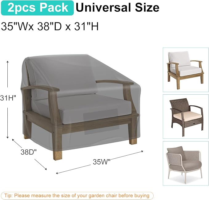 Patio Chair Covers for Outdoor Furniture Waterproof 2 Pack, Lawn Chair Covers 600D Heavy Duty Oxford Cloth, Large Covers for Lounge Lawn Deep Seat Black 35"W×38"D×31"H - Image 2