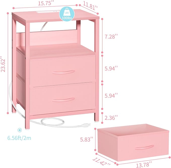 Yoobure Nightstand with Charging Station, LED Night Stand with Fabric Drawers and Storage Shelf for Bedroom, Nightstands Bedside Tables with USB Ports & Outlets, Small Night Stands, Bed Side Table - Image 3