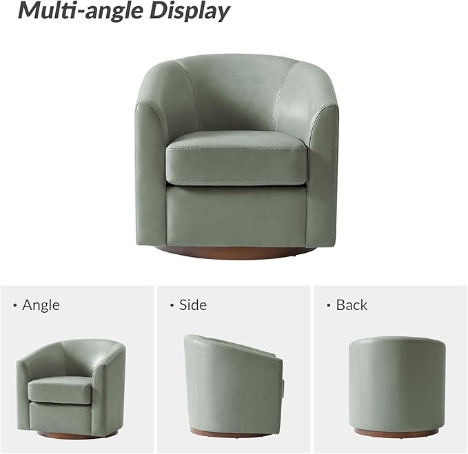HULALA HOME Genuine Leather Swivel Accent Chairs Set of 2 with Solid Wood Base, Round Swivel Barrel Chairs for Living Room and Bedroom, Sage