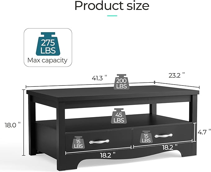 LINSY Farmhouse Coffee Table, Rectangle Coffee Table with Drawers, Rustic Wooden Coffee Tables with Storage, Center Table for Living Room, Apartment, Office, Black