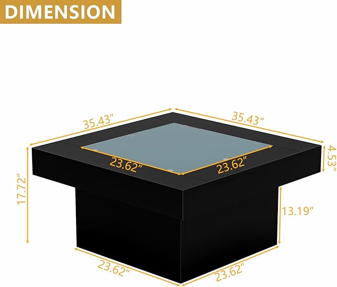Square Coffee Table with LED Lights, 35.4" Coffee Tables for Living Room, Tempered Glass-top Coffee Table, Black Modern Center Table, Engineered Wood Low Coffee Tables for Home Office