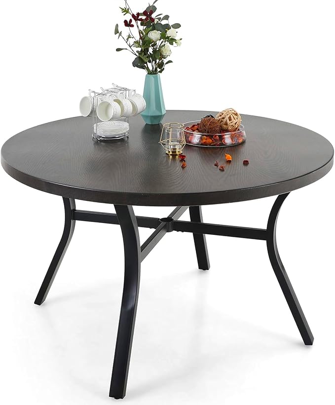 PHI VILLA 44 Inch Large Metal Round Table for 4, Wood-Like Top Patio Table with Umbrella Hole, Large Modern Furniture for Deck, Porch, Yard - Black by PHIVILLA