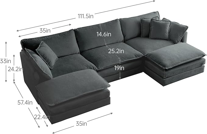 KEIKI Combination Sofa, Upholstered 5 Seater Couch, Oversized U Shaped Sectional Sofa with Reversible Ottoman for Living Room Bedroom Office, Gray