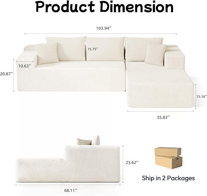 104” Sectional Cloud Couch, L-Shape Compressed Sofa with Left Chaise Lounge, Modular Cloud Couch with 2 Pillows & Deep Seat, Rain Drop Velvet Upholstered Floor Sofa for Living Room, Beige