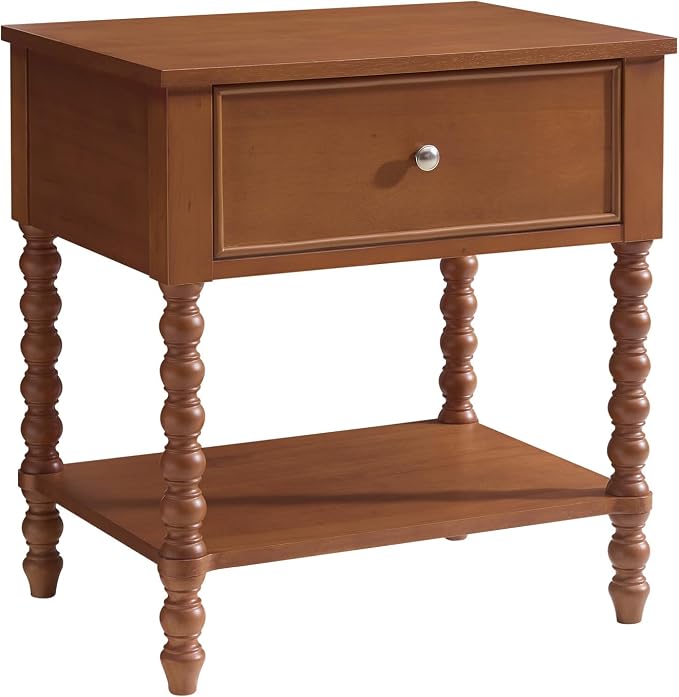 AMERLIFE 24" Walnut Nightstand, Vintage Bedside Table for Bedroom, Solid Wood Night Stand with Turned Legs, End Table with Drawer & Open Shelf, Large/Tall Nightstand, Brown Walnut Finish - Image 9