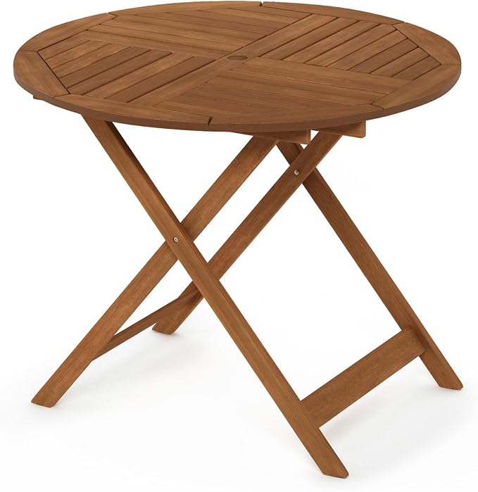 Furinno TIOMAN Folding Patio Dining Table, Outdoor Wooden Table with Umbrella Hole, Round 4-Person Patio Table for Garden, Porch, Backyard, Light Wood - Image 5