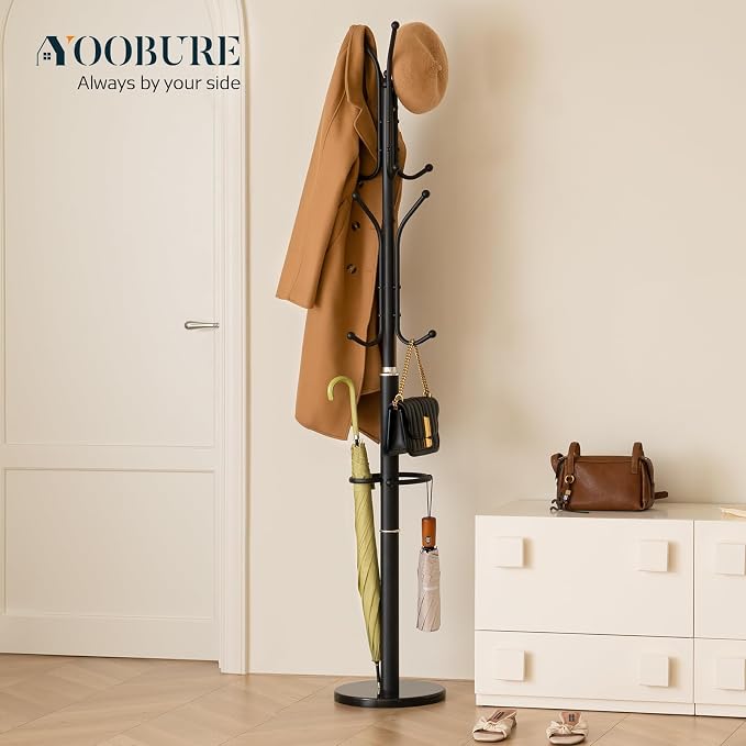 Yoobure Metal Coat Rack Freestanding with Marble Base, Coat Tree with 12 Hooks & Umbrella Holder, Coat Hanger Stand for Corner Entryway Bedroom Office, Heavy Duty Coat Rack Stand for Clothes Hats Bags - Image 2