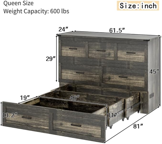 Bellemave Queen Murphy Bed, Cabinet Bed with Charging Station and 1 Large Storage Drawer, Farmhouse Murphy Cabinet with Foldable Panel, Noisy Free, for Guest Bedroom, Living Room, Rustic Gray