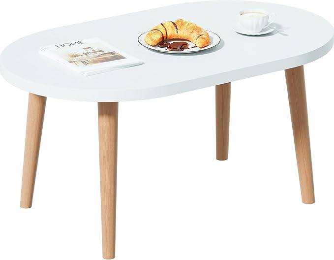 Coffee Table Low Table with 4 Solid Wood Leg, Floor Table Desk for Sitting on The Floor, Small Oval Coffee Table for Small Space, Side Table Japanese Coffee Table for Living Room Apartment Home, White