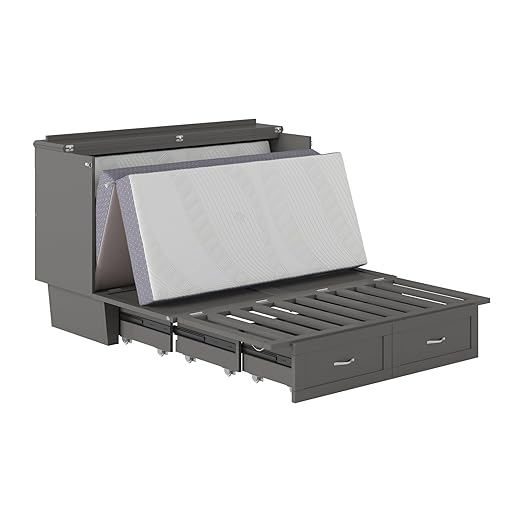 AFI, Chelsea Mid-Century Modern Queen Solid Wood Murphy Bed Chest with 6" Mattress, Storage Drawer & Built-in USB Charger, Grey