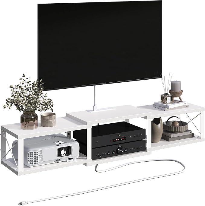 MAHANCRIS 43.7” Floating TV Stand with Power Outlet, Wall-Mounted Entertainment Center, Floating Metal Frame Media Console Shelf for Under TV Storage, for Living Room, Bedroom, White TVBW101E01 - Image 2