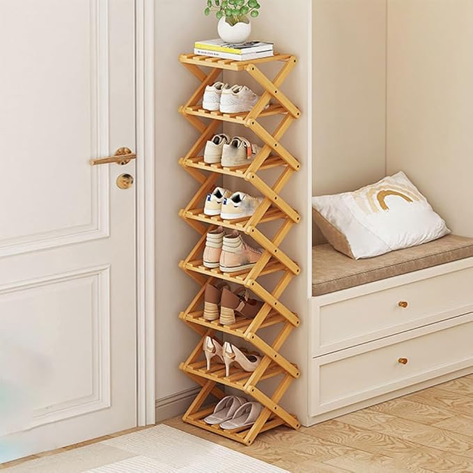 Narrow Shoe Rack - Shoe Storage Organiser- Vertical Bamboo Foldable Shoes Shelf for Entryway, Closet, Bedroom, Hallway ([Primary Color] 8 Layers) by YYW