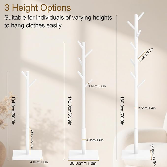 Coat Rack Freestanding with Stable Square Base for Cloathes, Hat, Used in Bedroom, Office and Entryway, Sturdy and Easy Assembly Coat Tree with 3 Adjustable Sizes and 8 Hooks, White - Image 6