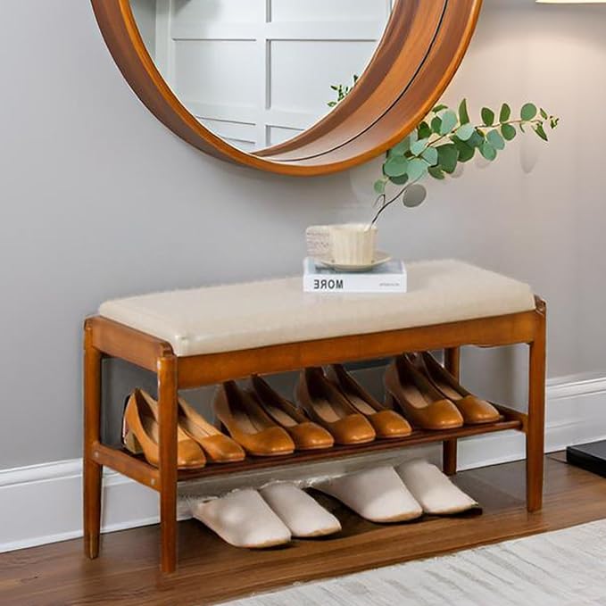 latifolia Small Shoe Bench, Solid Wood Bench with Cushion, 2 Tier Shoe Storage Organizer for Entryway(Walnut,31.50''L) - Image 5