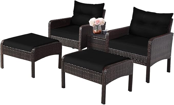 HAPPYGRILL 5 Pieces Patio Furniture Set Outdoor Rattan Wicker Conversation Set with Coffee Table Cushioned Sofas and Ottoman Chat Set for Garden Backyard