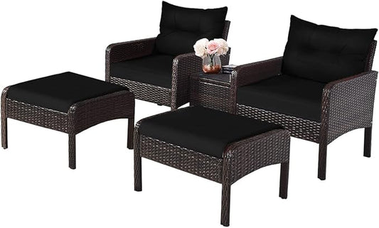 HAPPYGRILL 5 Pieces Patio Furniture Set Outdoor Rattan Wicker Conversation Set with Coffee Table Cushioned Sofas and Ottoman Chat Set for Garden Backyard