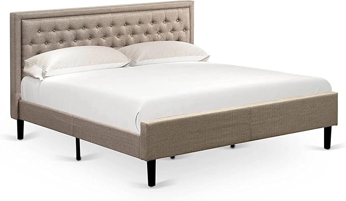 East West Furniture KDF-16-K Platform King Size Bed - Dark Khaki Linen Fabric Upholstered Bed Headboard with Button Tufted Trim Design - Black Legs