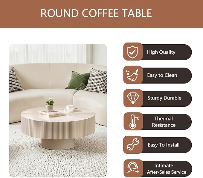 Round Coffee Table Fluted Coffee Table Wood Drum Coffee Tables Modern Circular Coffee Tables Circle Pedestal Center Table for Living Room (White Thick Desktop)