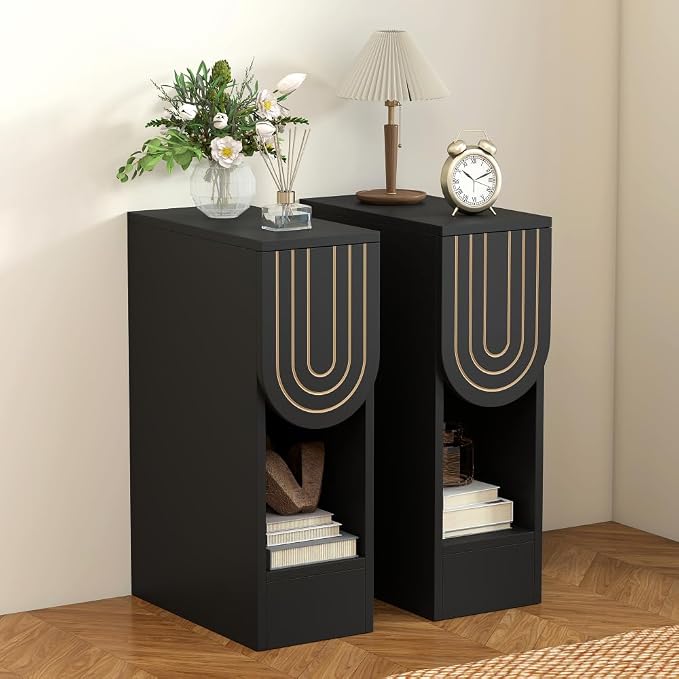 weselon Narrow Nightstand, Slim Bedside Table with Carving Lines Drawer, Mid-Century Modern Small Side End Table for Bedroom Small Space, Wooden Night Stand (1, Black) - Image 9