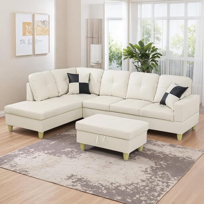 NicBex Modular L-Shaped Sectional Couches, 3-Piece Convertible Couch with Storage Ottoman, 4-Seat Comfy Sofa with Chaise for Living Room & Apartment, Cream White