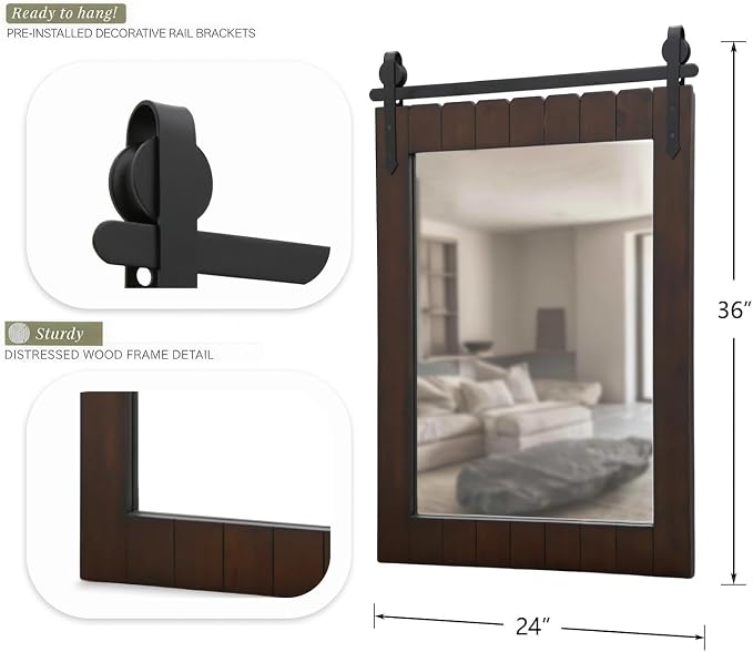 Besdomus Rustic Bathroom Farmhouse Mirror: 24"x36" Brown Western Barn Door Solid Cedar Wood Frame Vanity Mirror - Wall Mounted for Bathroom/Hallway/Living Room - Rustic Decor for Fashion-Conscious - Image 9