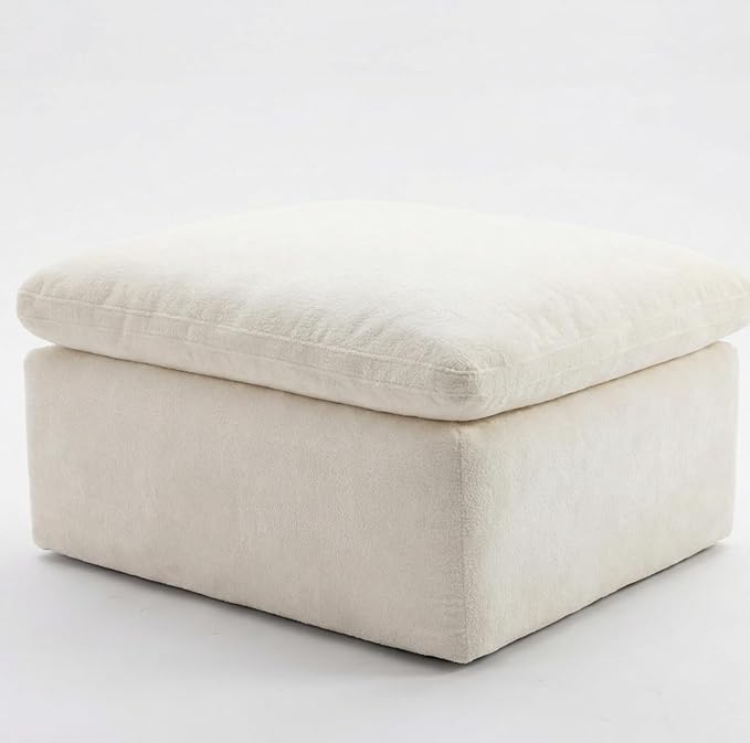Cream Square Ottoman Footstool, Cloud-Like Pillow-Top Soft-Textured Ottoman Coffee Table, Compact Footstool for Living Room, Bedroom Vanity Stool, Low-Profile Floor Cushion forSmall Spaces