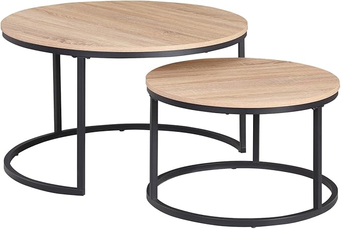 CENSI Round Nesting Coffee Table Set of 2, 31.5" Natural Oak Wood & Metal Frame, Modern Industrial Stacking Center Tables for Living Room, Scandi Boho Decor, Sturdy Circle Accent Furniture