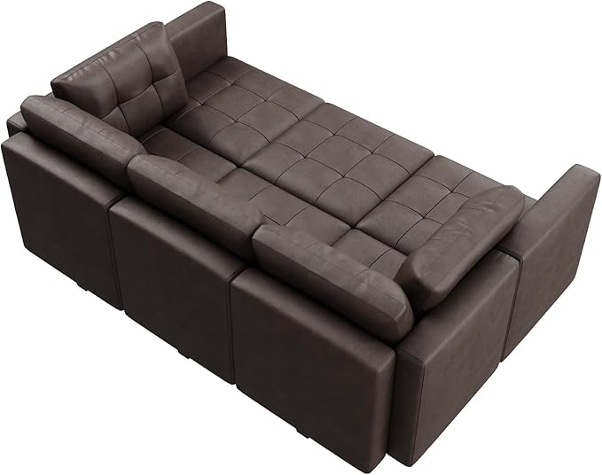 HONBAY Oversized Modular Sleeper Sectional Sofa Bed with Storage, Faux Leather Reversible 6 Seat Couches, Mid Brown