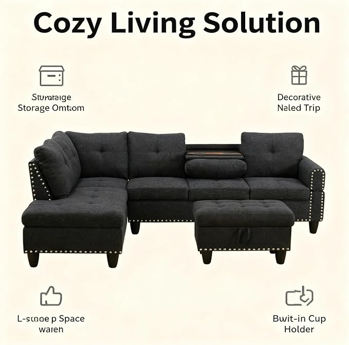L-Shape Sofa with Storage Ottoman & Reversible Coffee Table, Linen Sectional Couch with Left Chaise, 3-Piece Sofa Set for Living Room, Upholstered Couch Set with Solid Wood Frame, Black Grey
