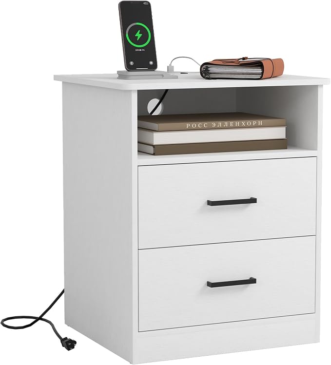 White Nightstand with Charging Station,Modern Night Stand with 2 Drawers and Open Shelf,Bedside Table with Storage for Bedroom, End Side Table for Living Room - Image 6