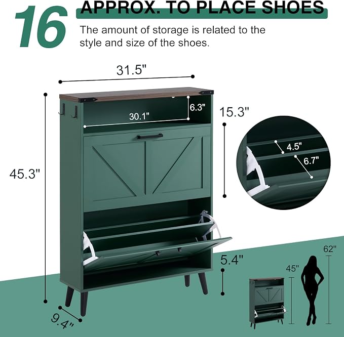 Barnyatoh Shoe Storage Cabinet,Farmhouse Shoe Organizer with 2 Flip Drawers & Barn Door Design,Freestanding Hidden Slim Narrow Shoe Rack Cabinet with Open Storage for Entryway, Foyer,Hallway,Green - Image 2