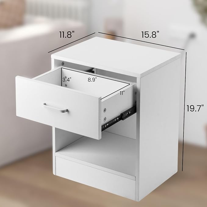 Karl home Nightstands Set of 2 with Drawer for Bedroom, Wood Night Stand Set 2 with Open Shelf, Modern Nightstand Bedside Tables Set of 2, End Table, White - Image 3
