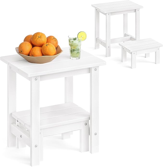 LUE BONA Outdoor Side Table, 2-Tier HDPS Outdoor Nesting End Table with Removable Small Foot Stool for Patio, Deck, Poolside, Low Maintenance & Weather Resistant, White by LUEBONA