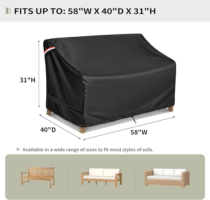 KylinLucky All-Weather Patio Sofa Cover 58"x40"x31", Heavy Duty Waterproof Outdoor Couch Cover with Air Vents & Security Straps, Fits Deep Seating Furniture, Black - Image 2