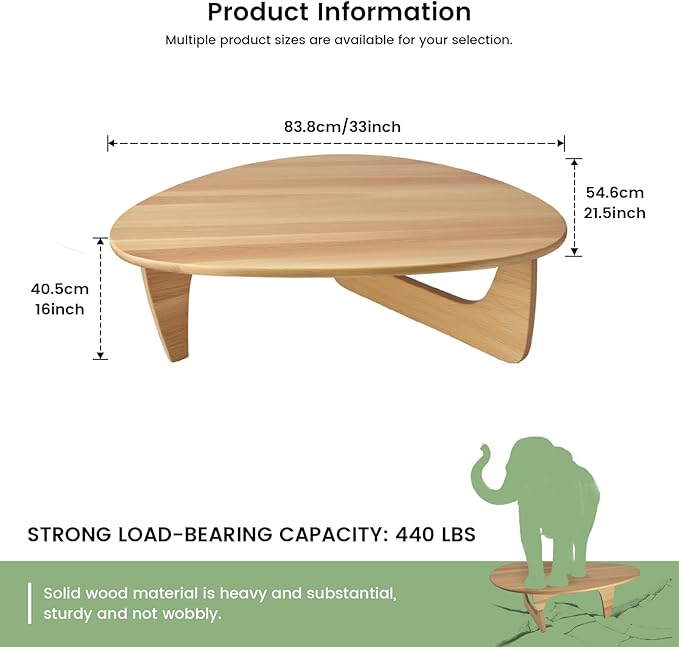 Solid Wooden Modern Triangle Coffee Table: Unique Funky Coffee Tables for Living Room, Oval Mid-Century Irregular Abstract Tea Tables for Patio Office Balcony Bedroom (Natural, 33" L x 22" W x 16" H)