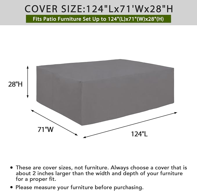 Easy-Going 600D Heavy Duty Patio Furniture Cover, Outdoor Rectangular Table and Chair Set, Waterproof Sectional Set (124"L x 71"W x 28"H, Grey) - Image 2