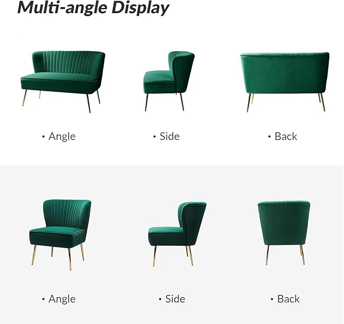 HULALA Home 3 Piece Velvet Living Room Furniture Set, Modern Comfy Upholstered Chair Set with Golden Legs, Include Loveseat & 2 Accent Chairs for Bedroom, Green Tufted 2-Seater Sofa & Armless Chairs