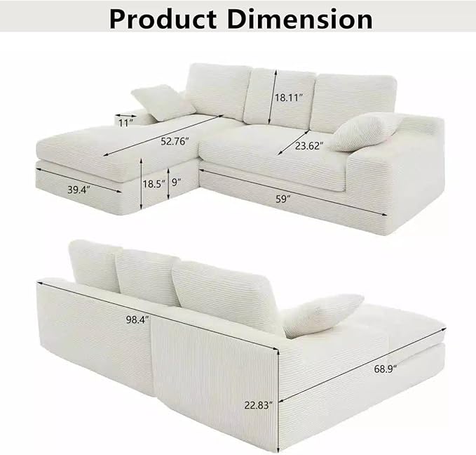 L Shaped 4 Seater Sofa, Modern Modular Sofa with 3 Back Cushions & 2 Coordinating Pillows, 98'' Corduroy Leisure Combination Couch with Wide Seat & High-Resilience Foam for Living Room, White
