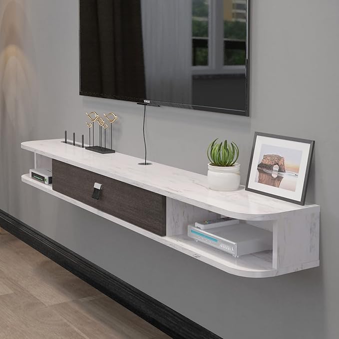 Pmnianhua Floating TV Console,55'' Wall-Mounted Media Console,Floating TV Cabinet,Modern Floating TV Stand,Under TV Entertainment Shelf with Door and Storage for Bedroom Living Room (Grey-White) - Image 3