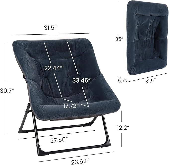 Comfy Saucer Chair for Adults, Soft Faux Fur Bedroom Chair, Accent Dorm Chairs, Flexible Living Room Reading Chairs, Oversized Folding Seat for Teens, X-Large, Navy Blue